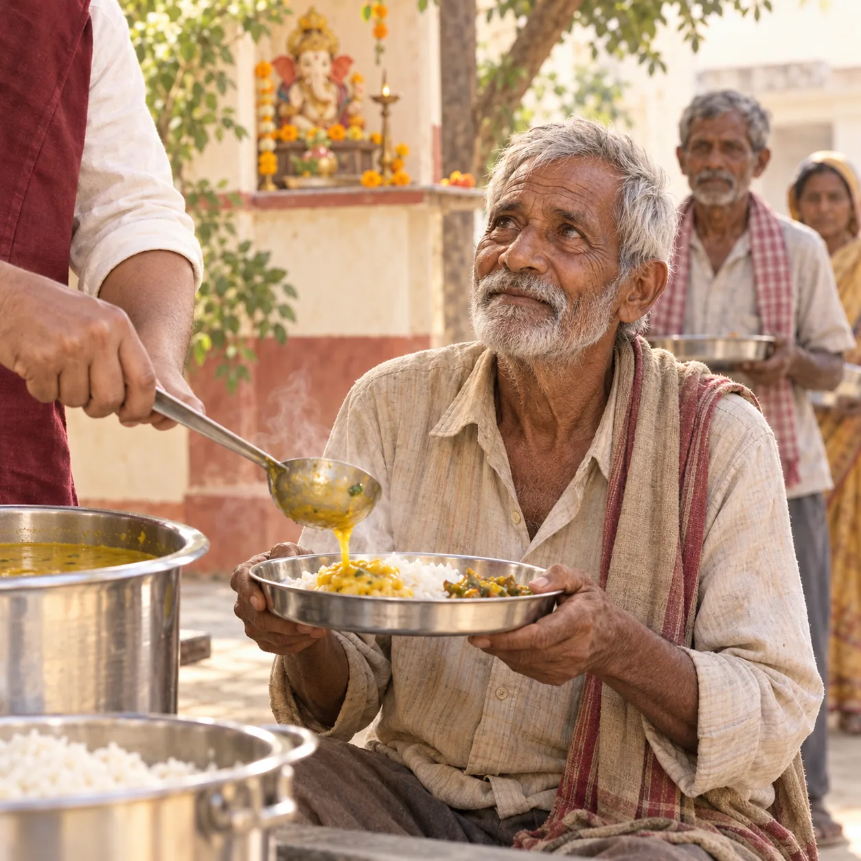 Volunteer serving hot food to an elderly man during a Ganesh Chaturthi community meal, with a Ganesha idol in the background
